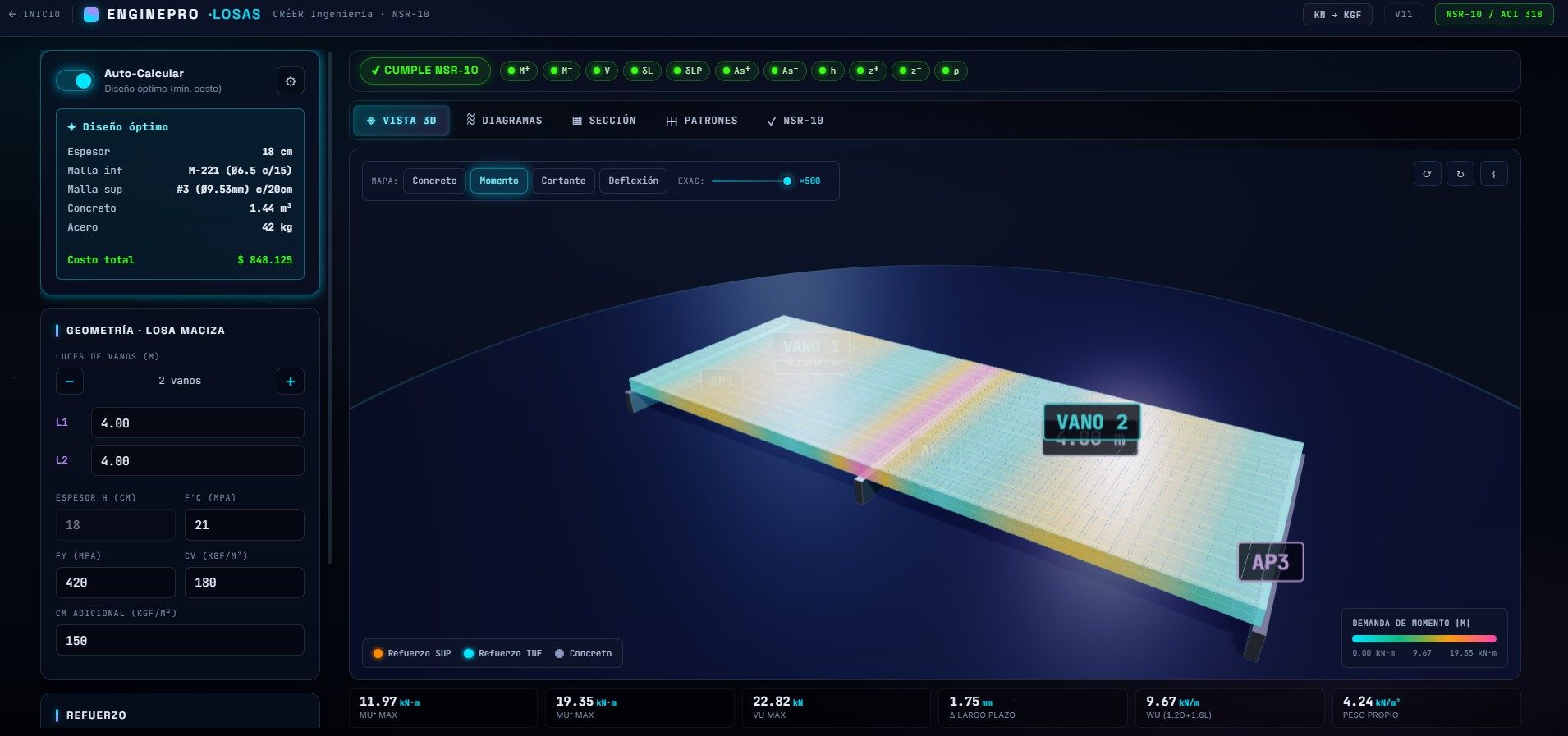 Calculadora de losas NSR-10 de CRÉER: visor 3D con mapa de calor de momento