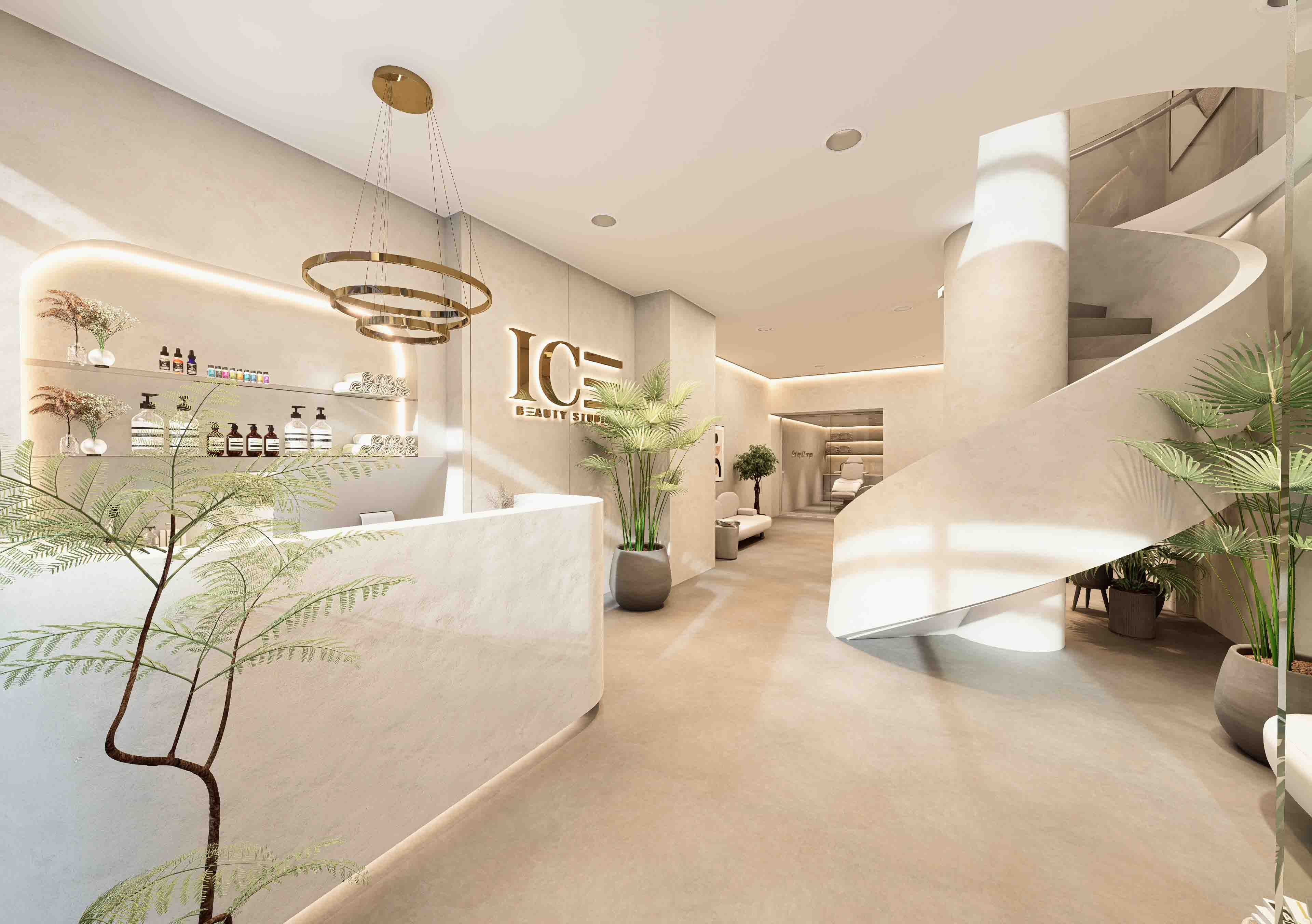 Escalera curva en proyecto de interiorismo moderno