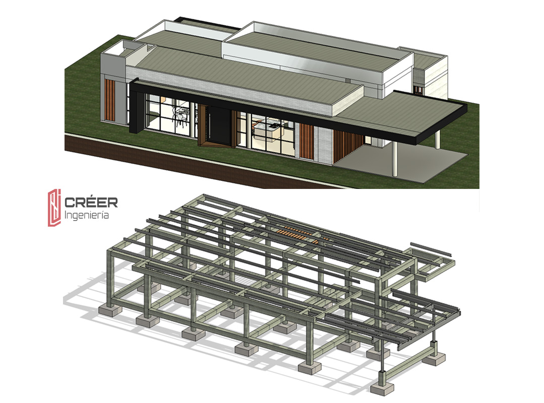 Modelo BIM integrado arquitectura y estructura — pórtico concreto reforzado Casa Campo Alegre
