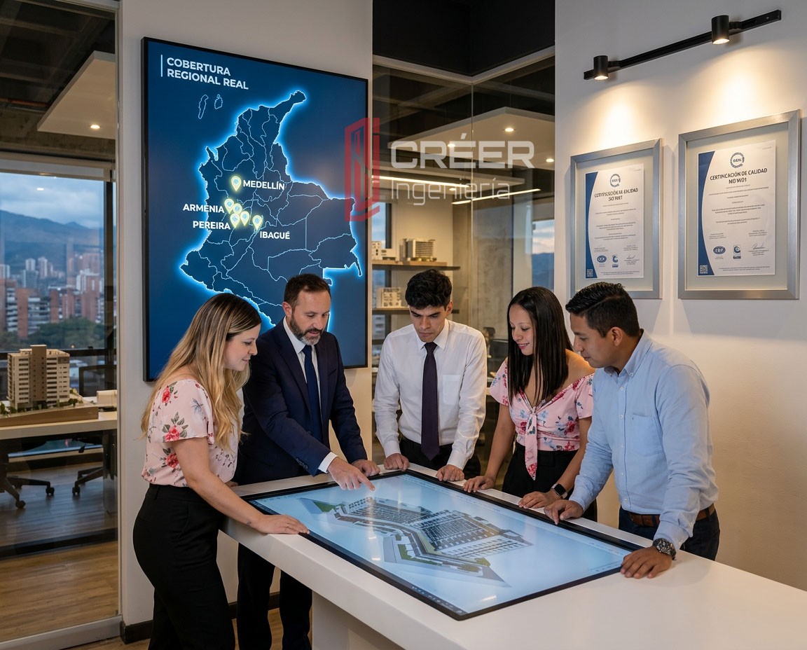 Equipo de ingenieros y arquitectos de CRÉER Ingeniería analizando proyecto BIM en mesa táctil con mapa de cobertura en Colombia y certificaciones profesionales al fondo.