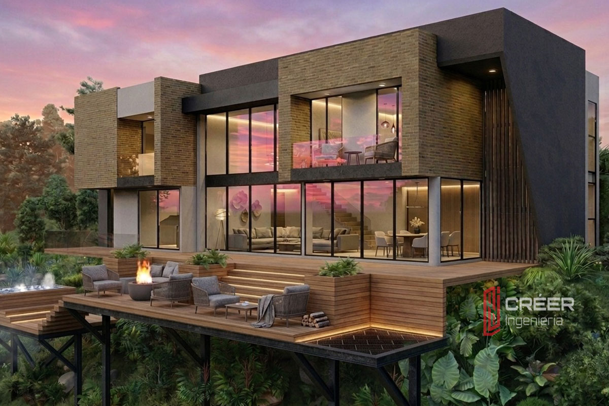 Terraza metálica voladiza de la Casa El Corozal proyectada sobre la pendiente del lote en Circasia