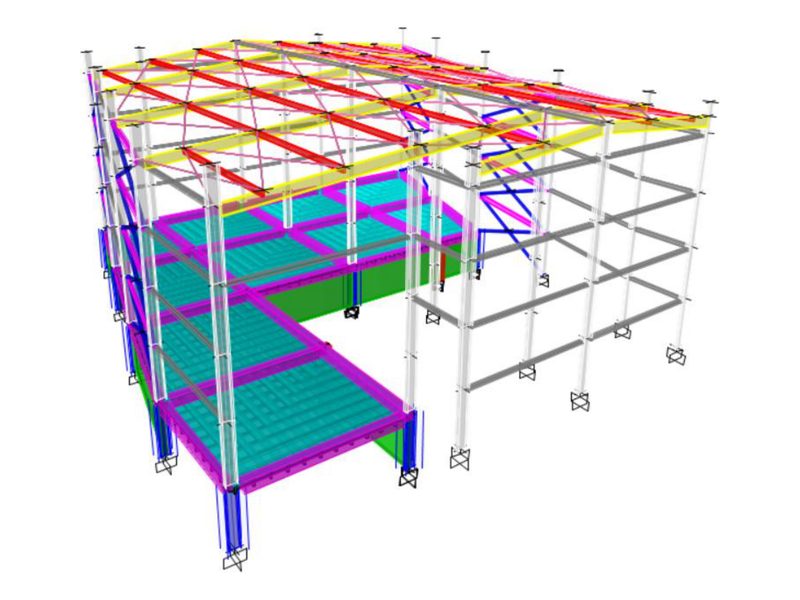Modelo de análisis estructural de bodega con oficinas en Armenia