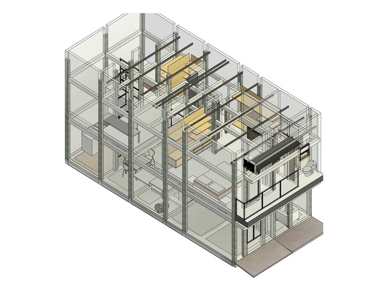 Modelo BIM de casa de dos pisos en Armenia con estructura, muros y mobiliario