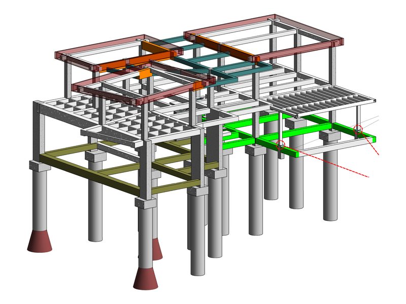 Estructura 3D de casa campestre en ladera sobre caissons en Envigado, diseño estructural de CRÉER