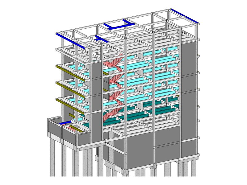 Modelo estructural 3D de edificio de 4 pisos y 3 sótanos en Armenia
