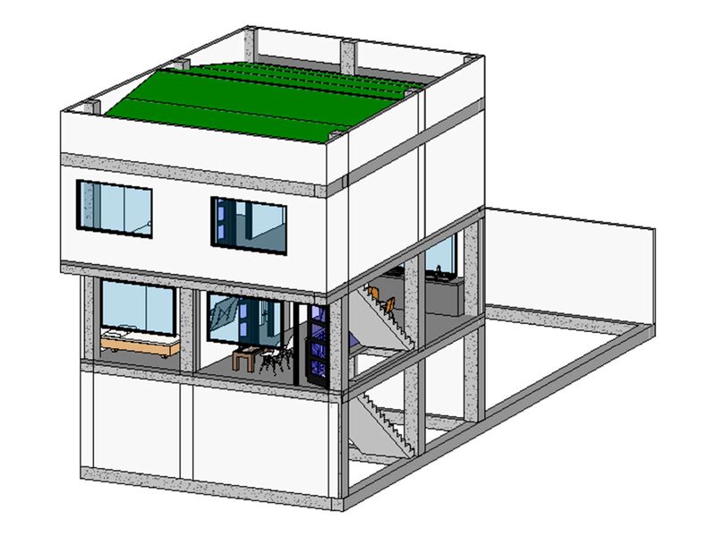 Modelo 3D de vivienda de tres pisos con muro de contención en Salento